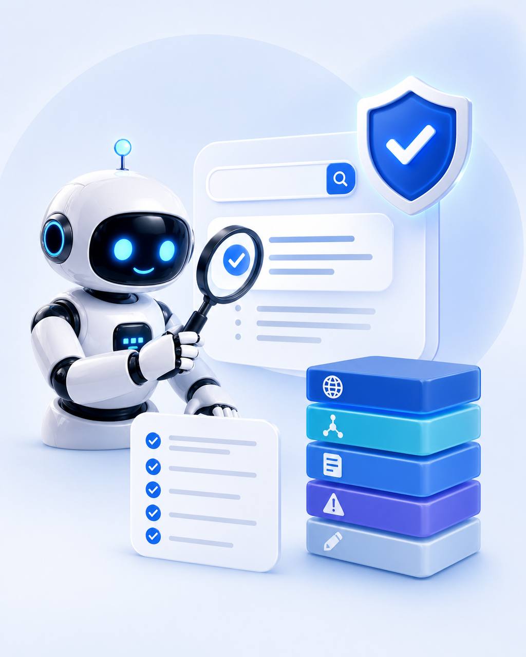 Bot mit Lupe vor Wissensquellen, Schichten-Schutz