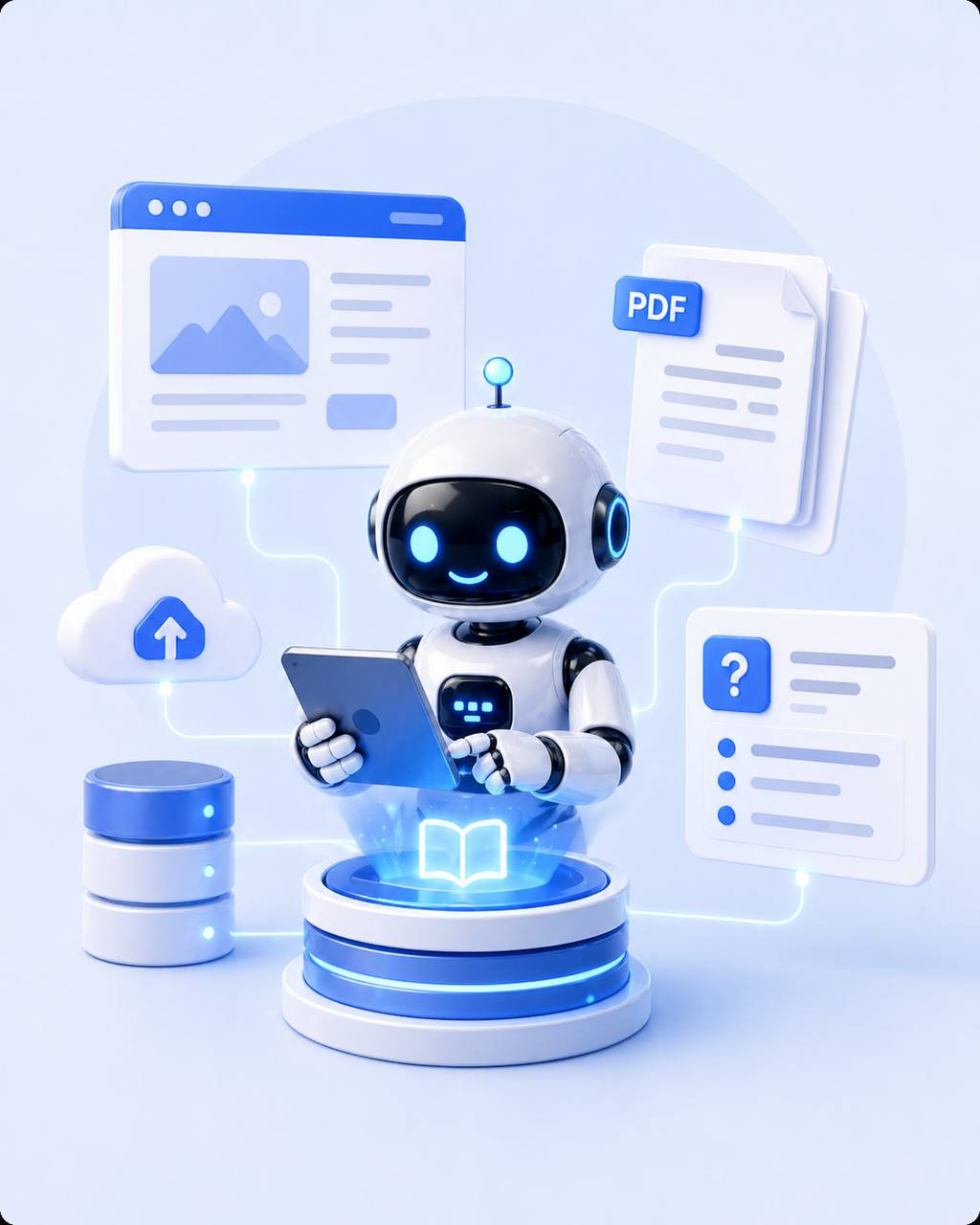 Bot mit Tablet vor Website, PDF und FAQ